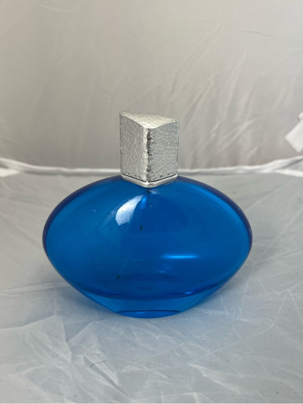 Elizabeth Arden Mediterranean Blue Glass Oval‎ Perfume Bottle Silver Cap Empty